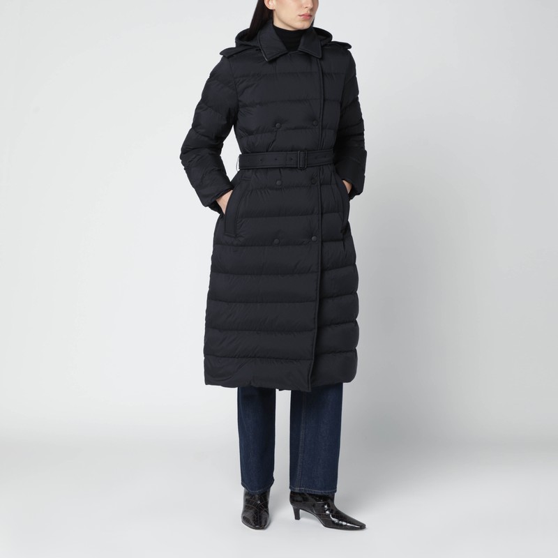 Black double-breasted padded coat with belt