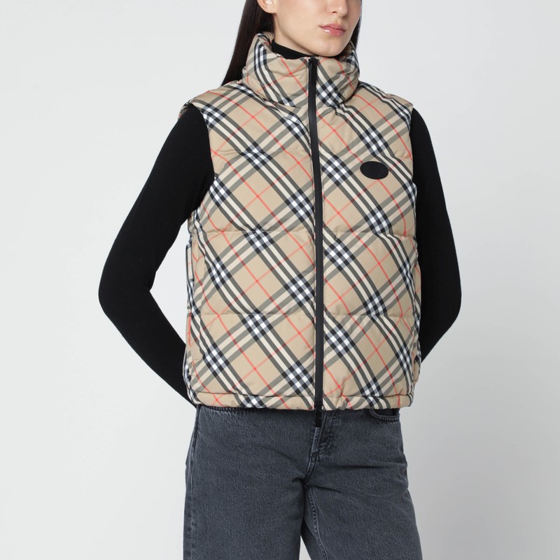 Burberry Check-pattern Padded Gilet With Zip In Sand