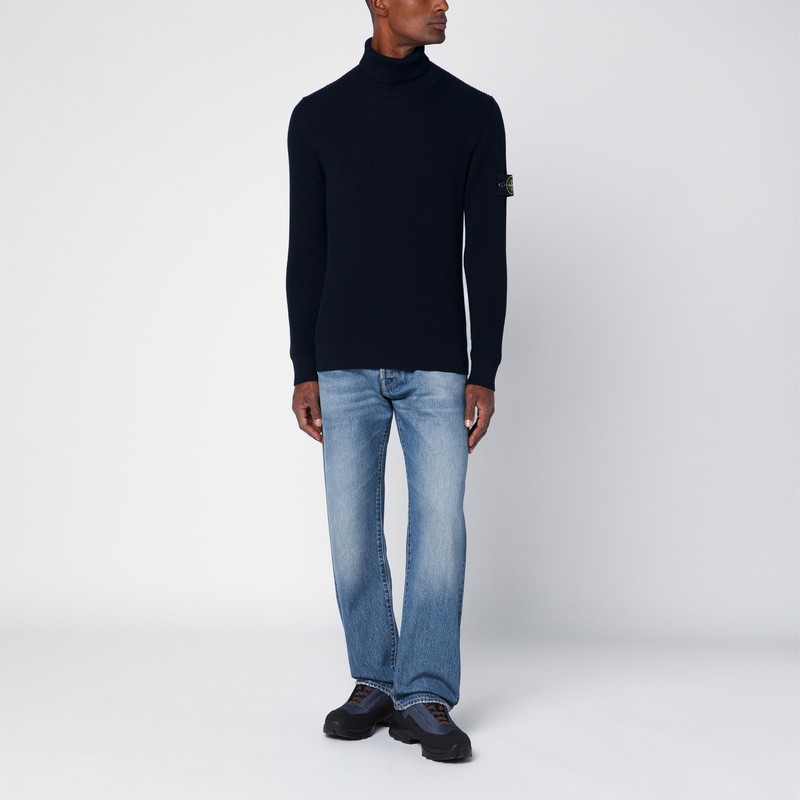 Stone Island Ribbed Knit Sweater With Logo Patch In Black