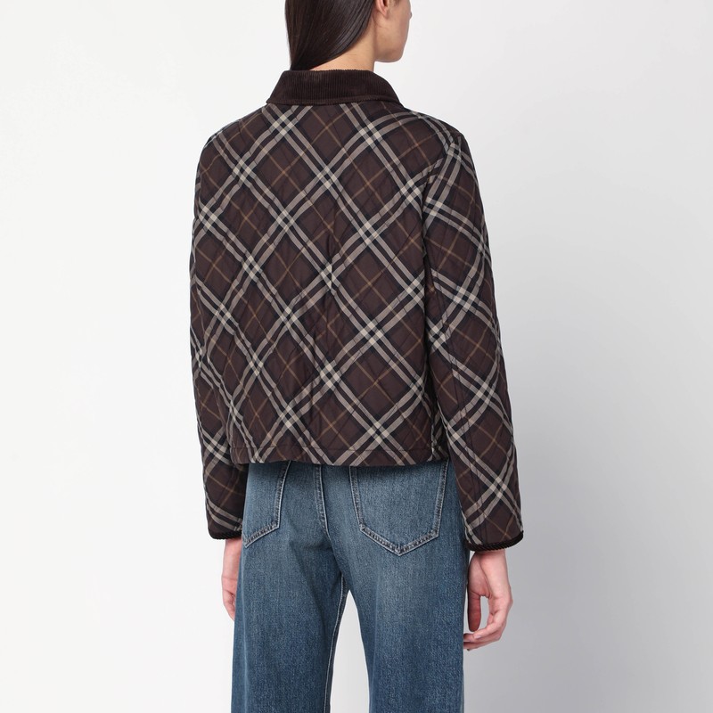 Burberry Cropped Quilted Nylon Jacket With Check Pattern In Brown