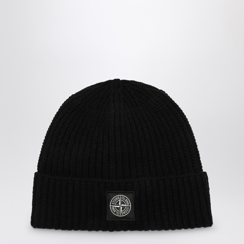 Stone Island Ribbed Knit Beanie With Compass Logo Patch In Black