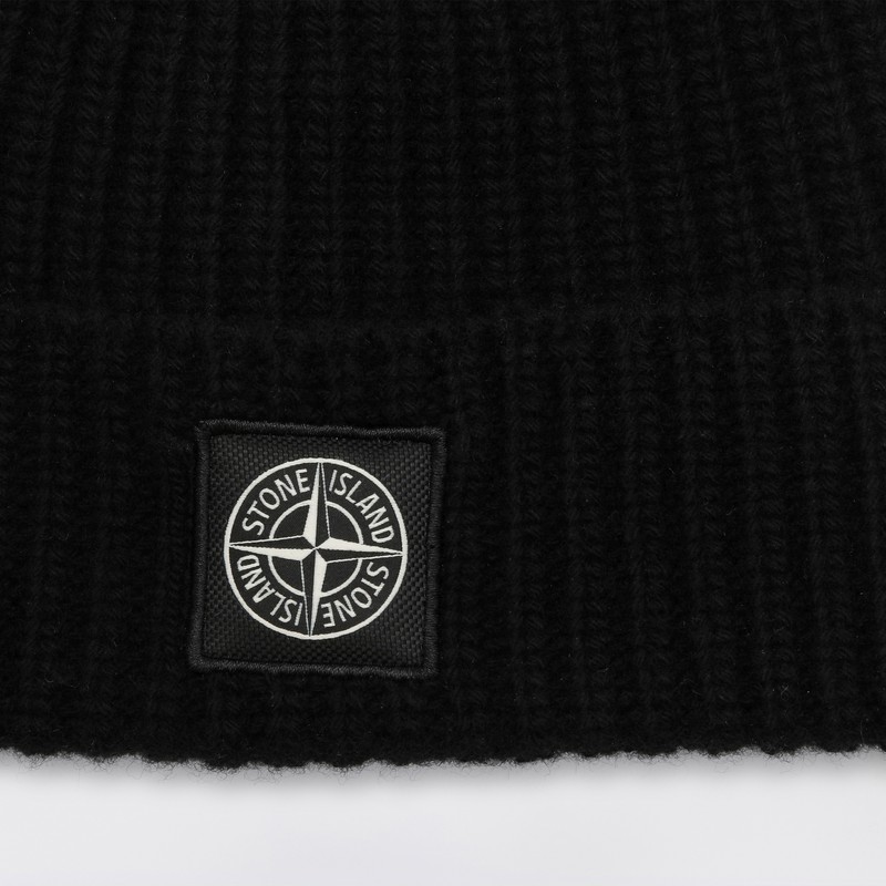 Stone Island Ribbed Knit Beanie With Compass Logo Patch In Black