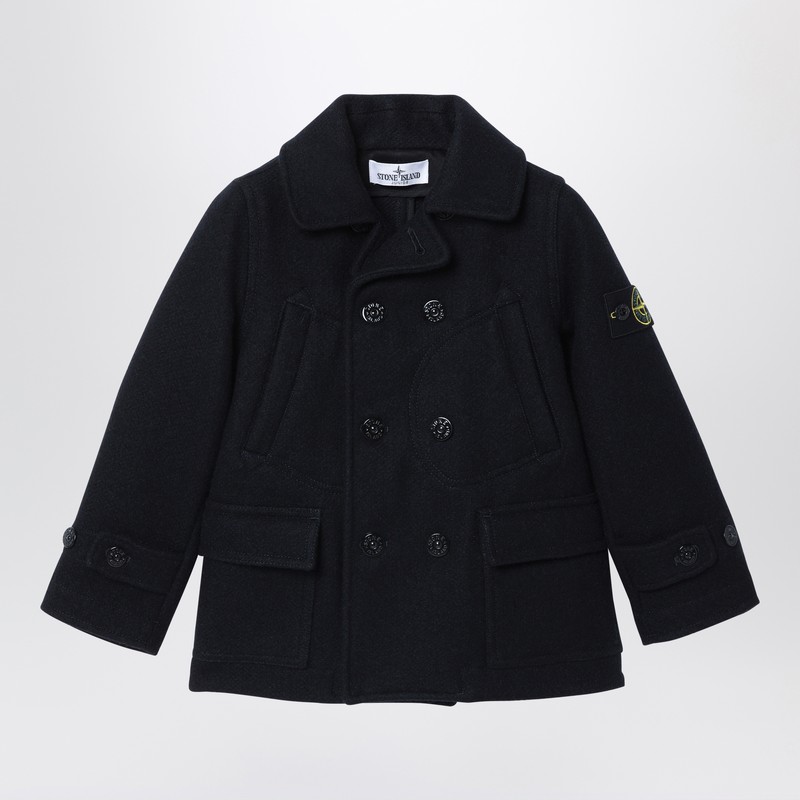 Stone Island Blue Mélange Double-breasted Coat In Blue
