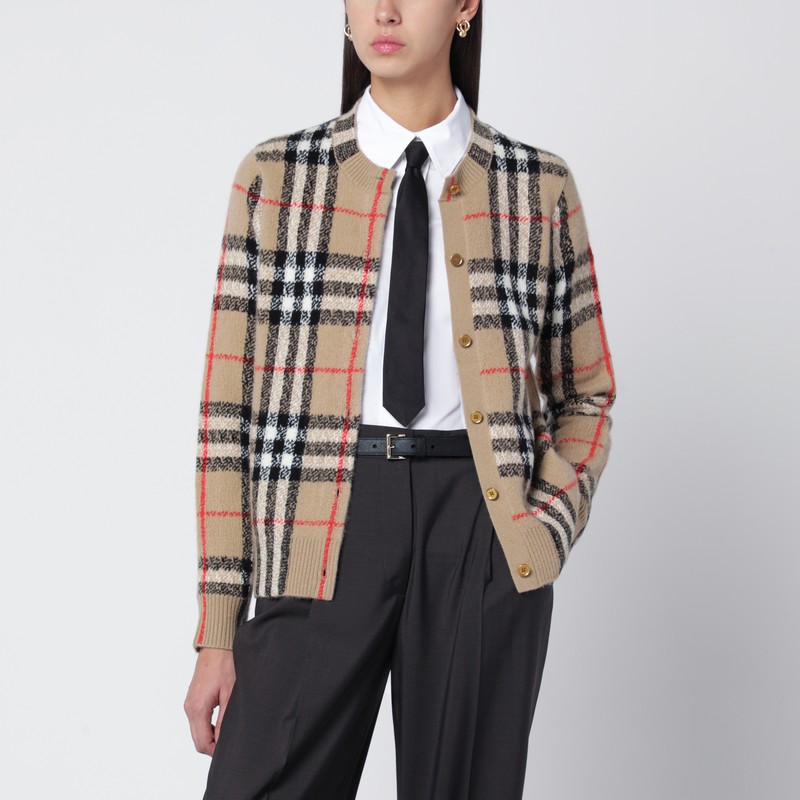 Burberry Beige Check Cashmere And Wool Cardigan In Sand