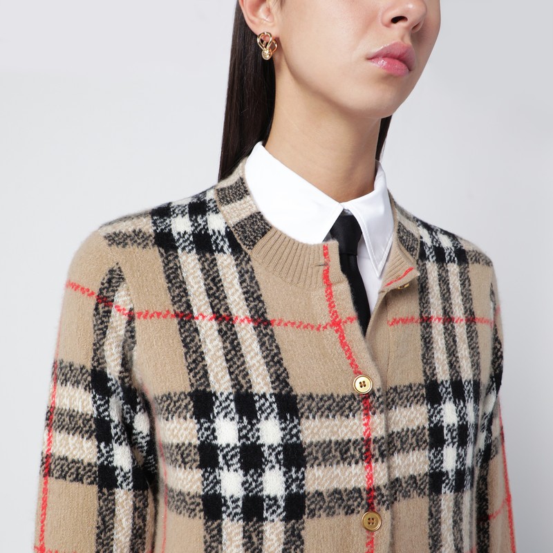 Burberry Beige Check Cashmere And Wool Cardigan In Brown