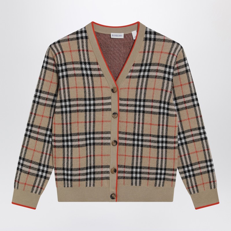 Burberry Kids' Beige Wool Cardigan With Check Motif In Brown