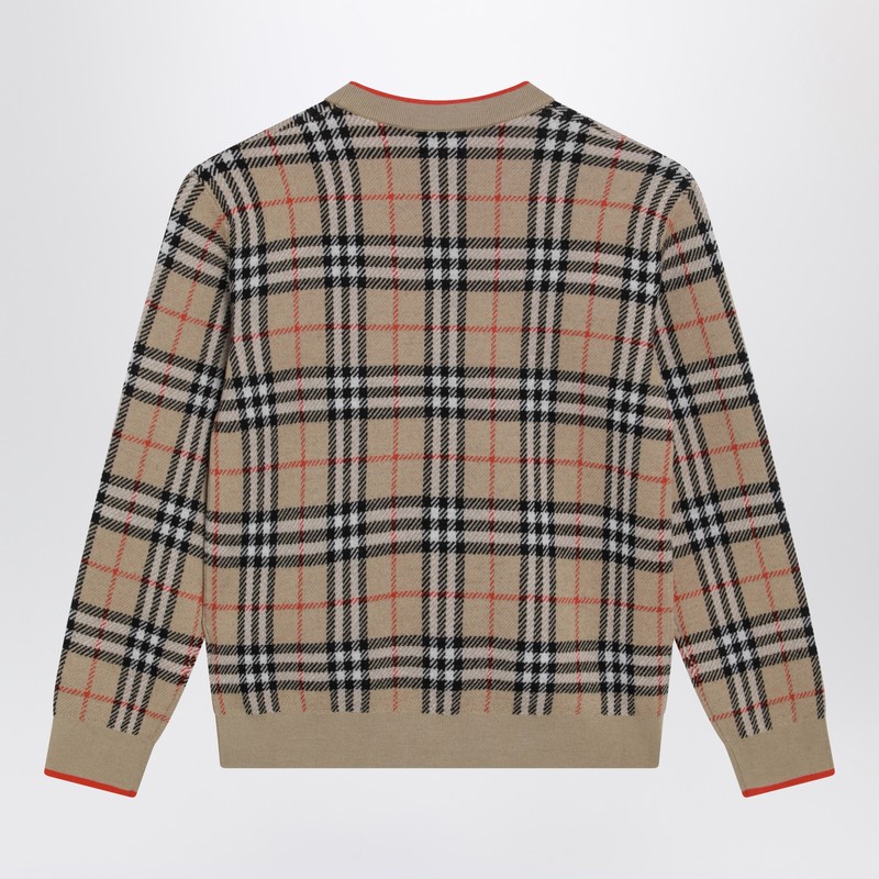 Burberry Beige Wool Cardigan With Check Motif In Brown