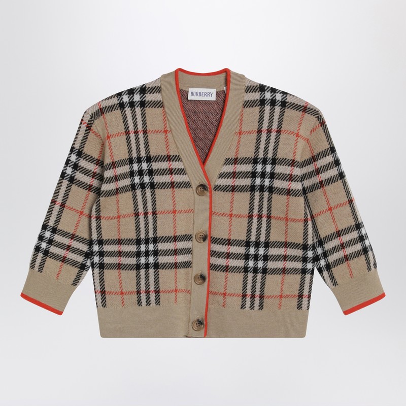 Burberry Beige Wool Cardigan With Check Motif In Neutral