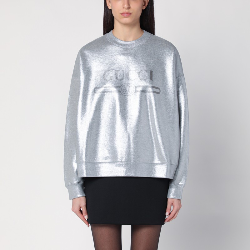 Laminated cotton silver sweatshirt with logo