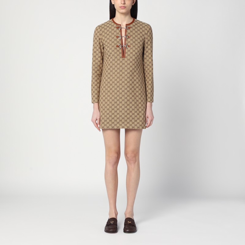 Beige dress in GG fabric with clip detail