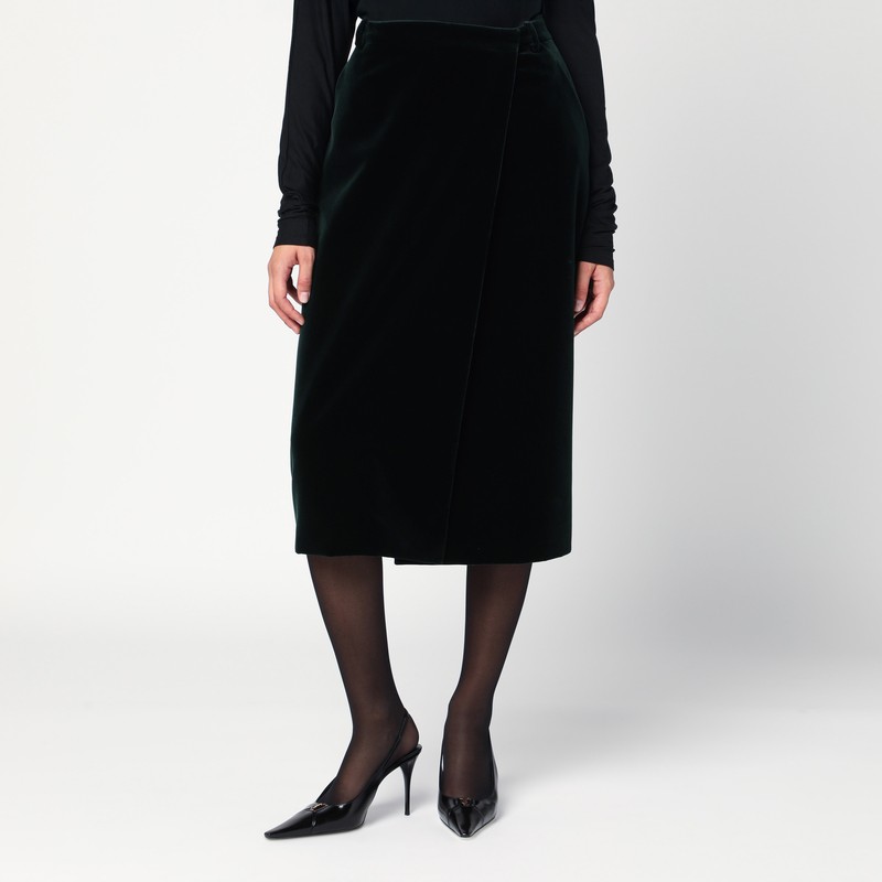Green velvet wrap midi skirt