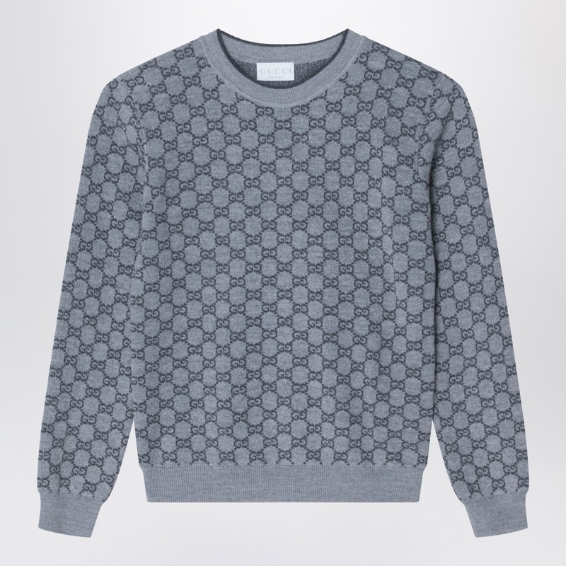 Sweater in grey wool with GG jacquard