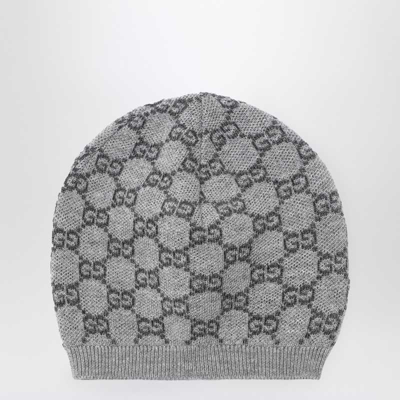 Beanie in grey wool with GG jacquard