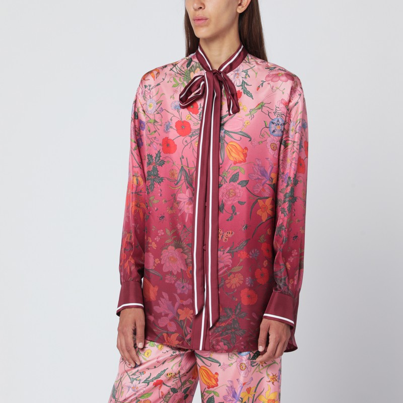 Shirt with bow and floral print in silk