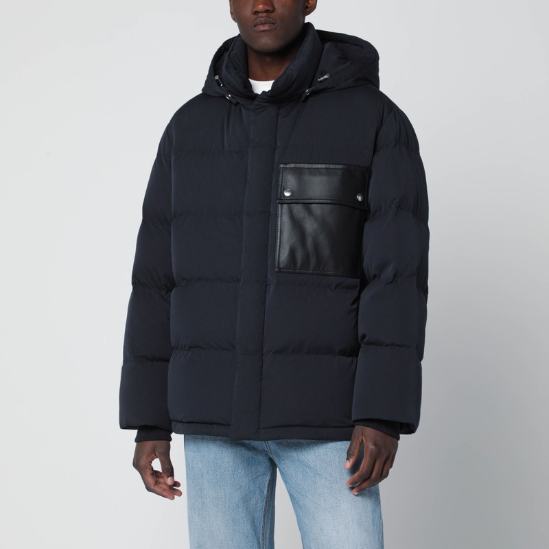 Blue down jacket with leather pocket