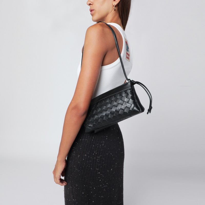 Bottega Veneta Double Patch Black Leather And Intrecciato Bag In Black