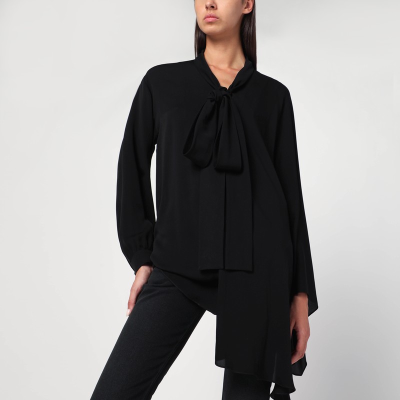 Asymmetric black silk blouse with scarf