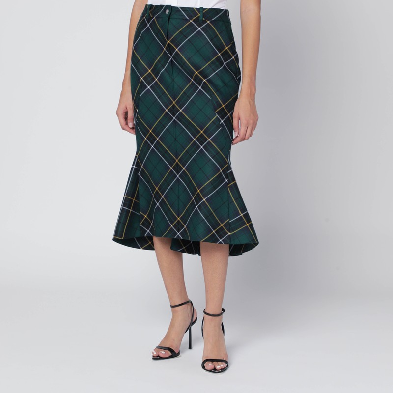 Alexander Mcqueen Navy Green And Yellow Wool Tartan Pencil Skirt In Blue
