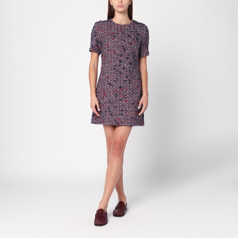 Blue and red bouclé wool dress