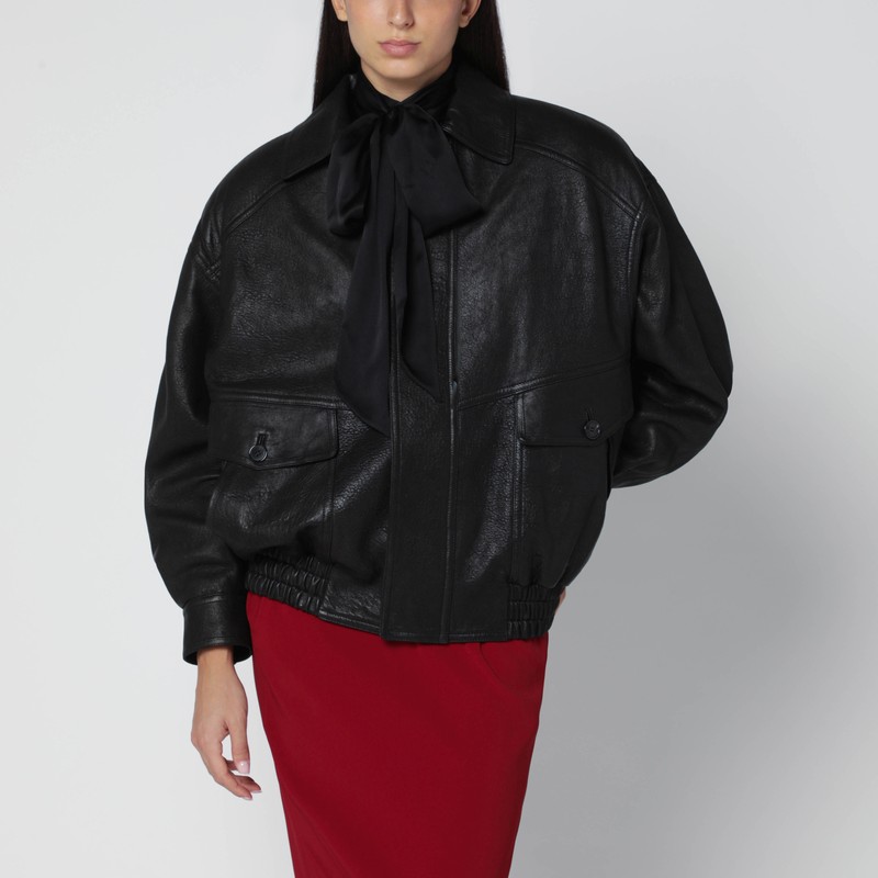 Black balloon bomber jacket in lambskin