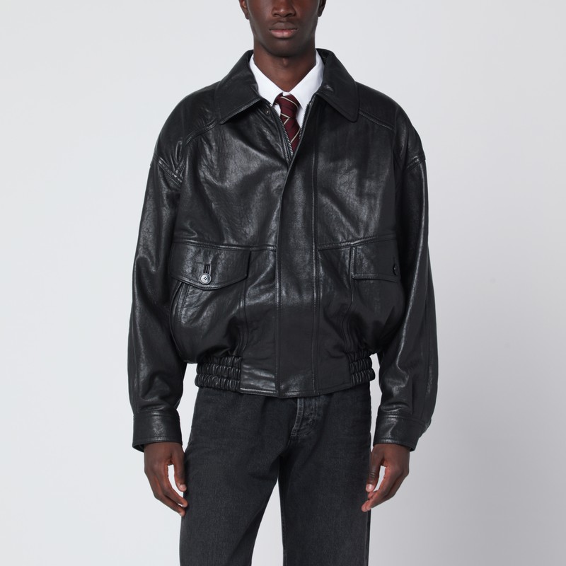 Black balloon bomber jacket in leather