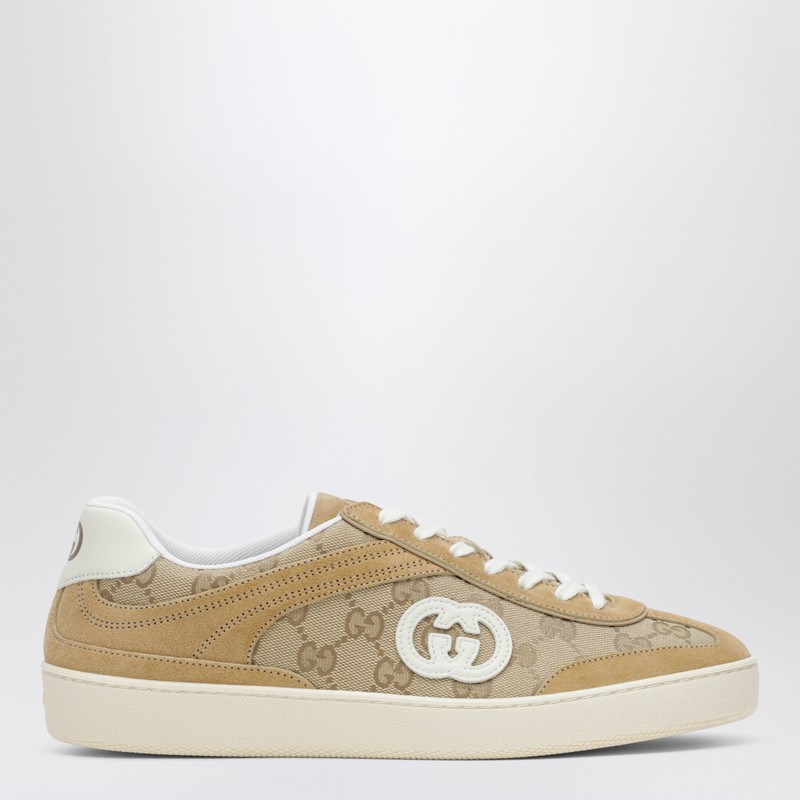 Beige G75 sneaker in suede and GG fabric