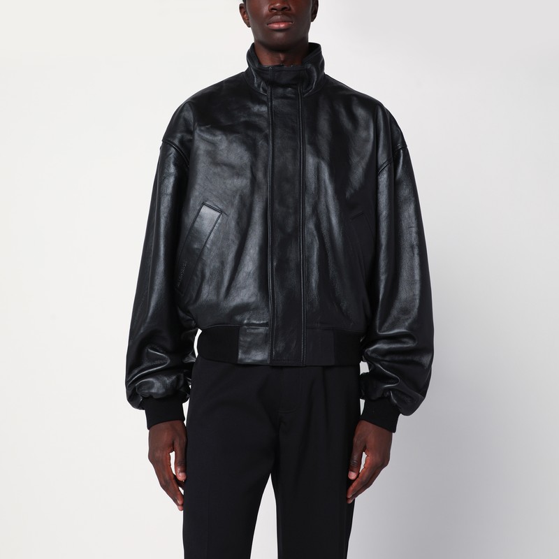 Black leather zip-up bomber jacket