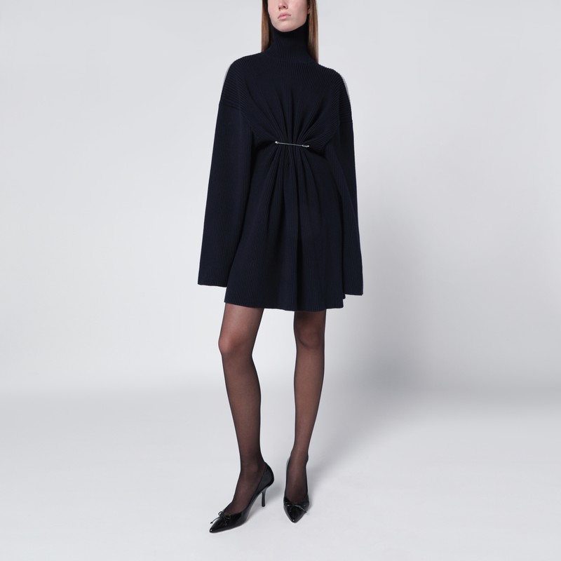 Pinched navy mini dress in wool and cotton