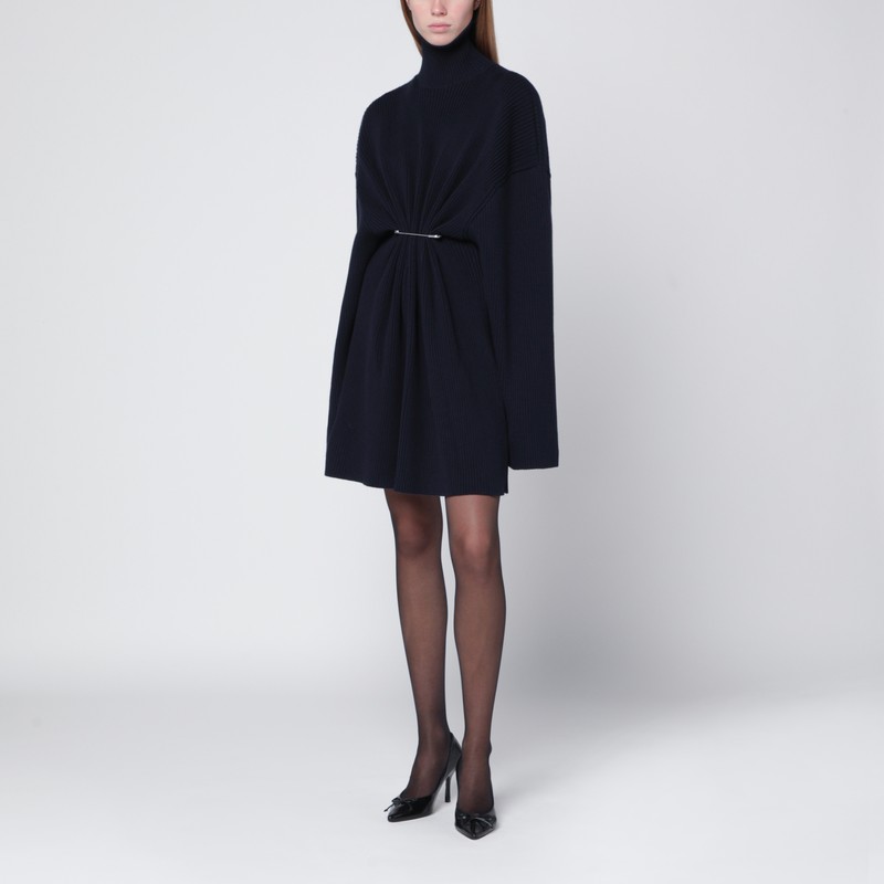 Balenciaga Pinched Navy Mini Dress In Wool And Cotton In Blue
