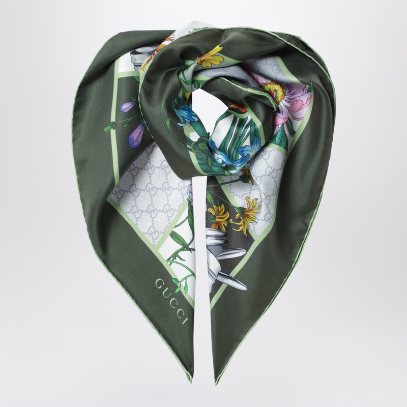 Green silk twill scarf with Flora print