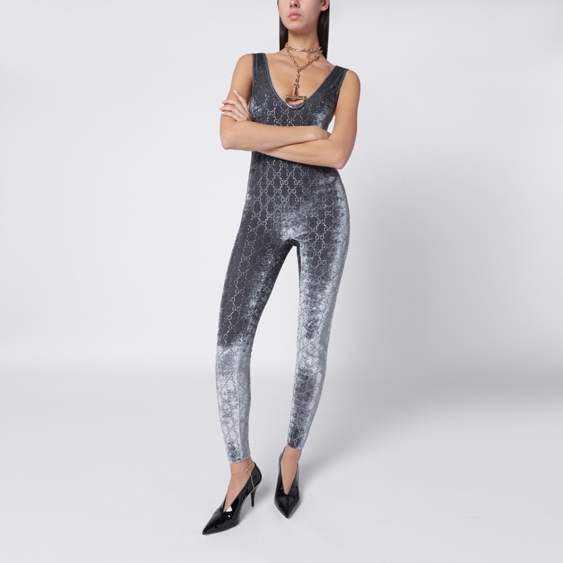 Grey velvet jumpsuit with crystal GG embroidery