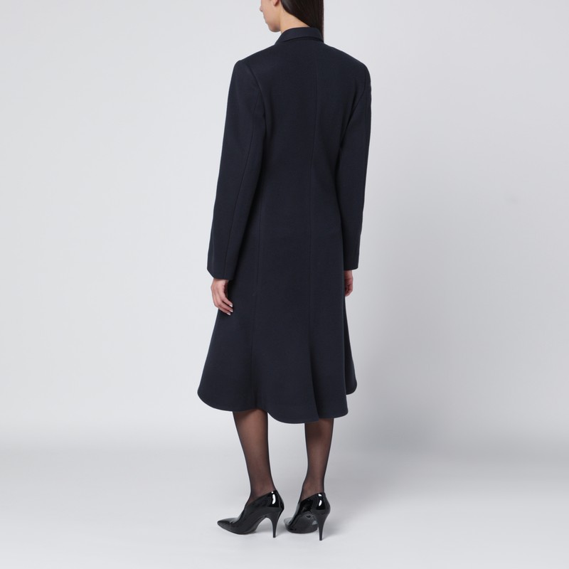 Balenciaga Navy Blue Midi Godet Wool Coat In Blue