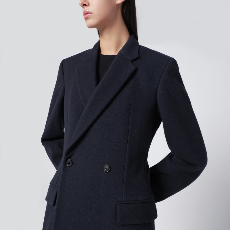 Balenciaga Navy Blue Midi Godet Wool Coat In Blue
