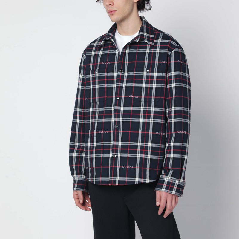 Blue cotton jacquard tartan shirt