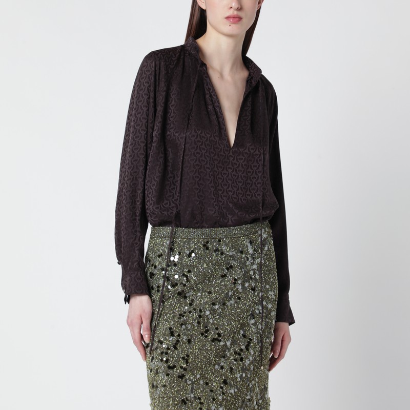 Brown jacquard silk shirt with clamps