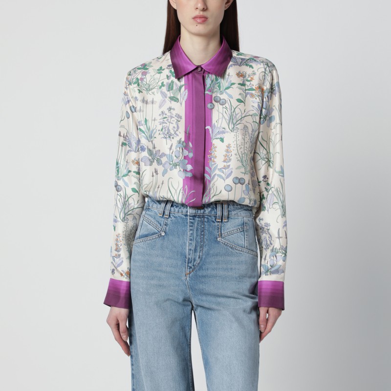 Ivory silk twill shirt with floral print