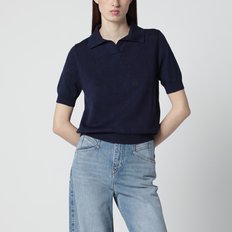 Blue cotton and silk pointelle polo shirt with GG motif
