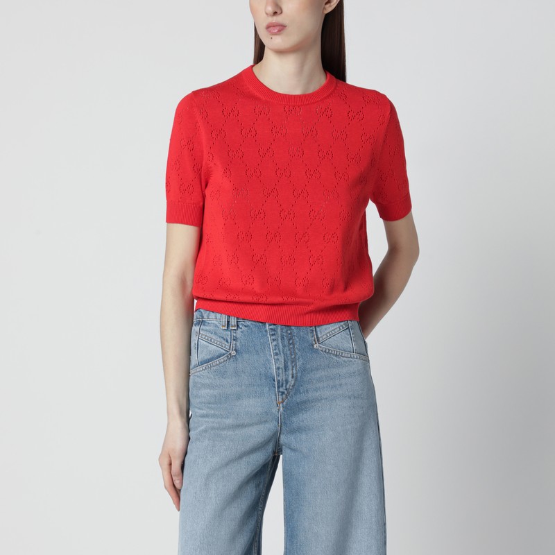 Coral red cotton and silk pointelle sweater with GG motif