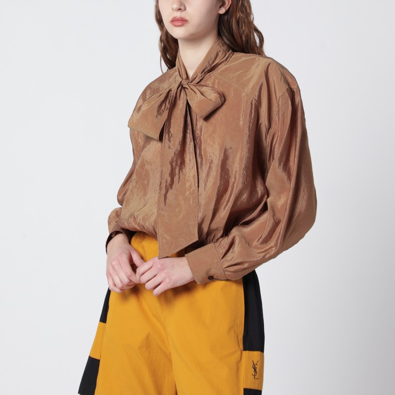 Saint Laurent Caramel Taffeta Blouse With Lavallière Collar In Brown