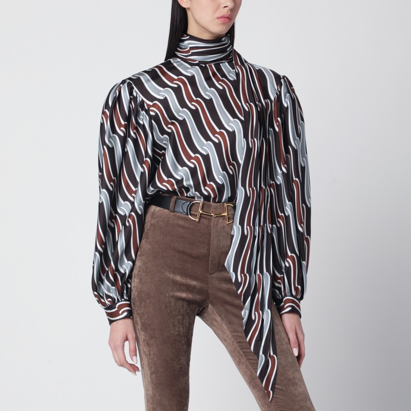 Grey/brown printed silk twill blouse