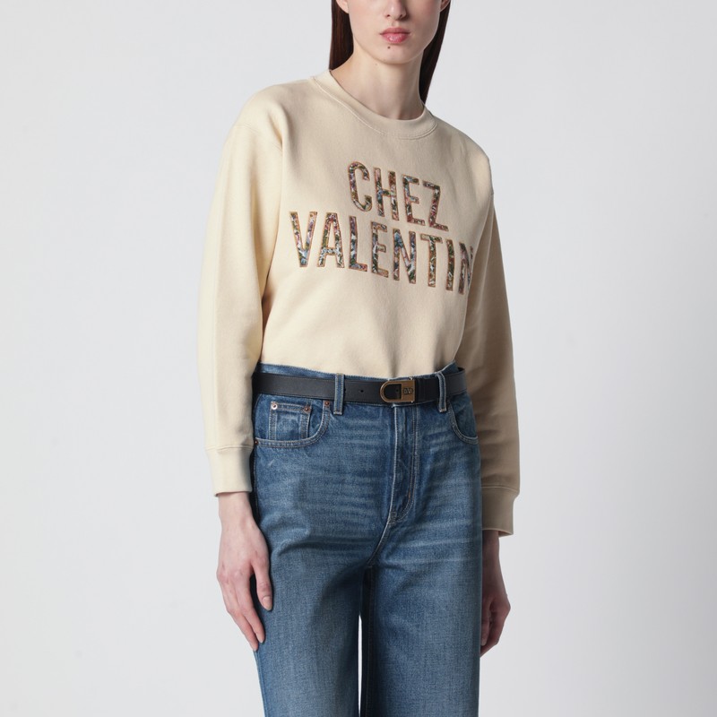 Ivory cotton sweatshirt with Chez Valentino floral motif