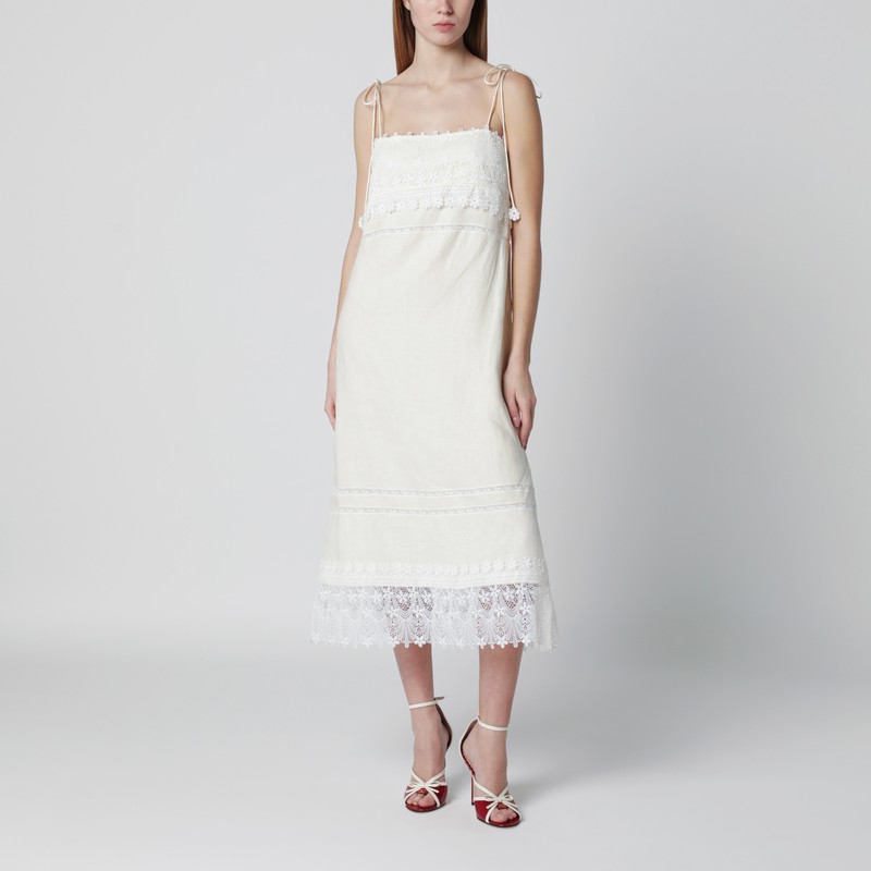 Ivory linen midi dress with Sangallo embroidery