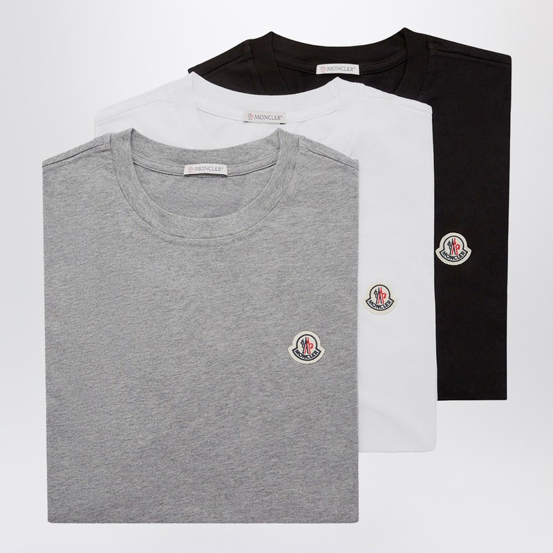 Moncler Set Of Three Cotton T-shirts With Logo Patch In Multi