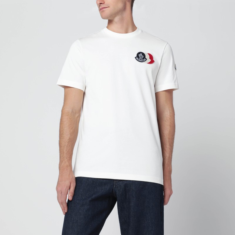 Moncler Ivory Cotton Tricolour Logo T-shirt In White