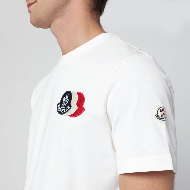 Moncler Ivory Cotton Tricolour Logo T-shirt In White