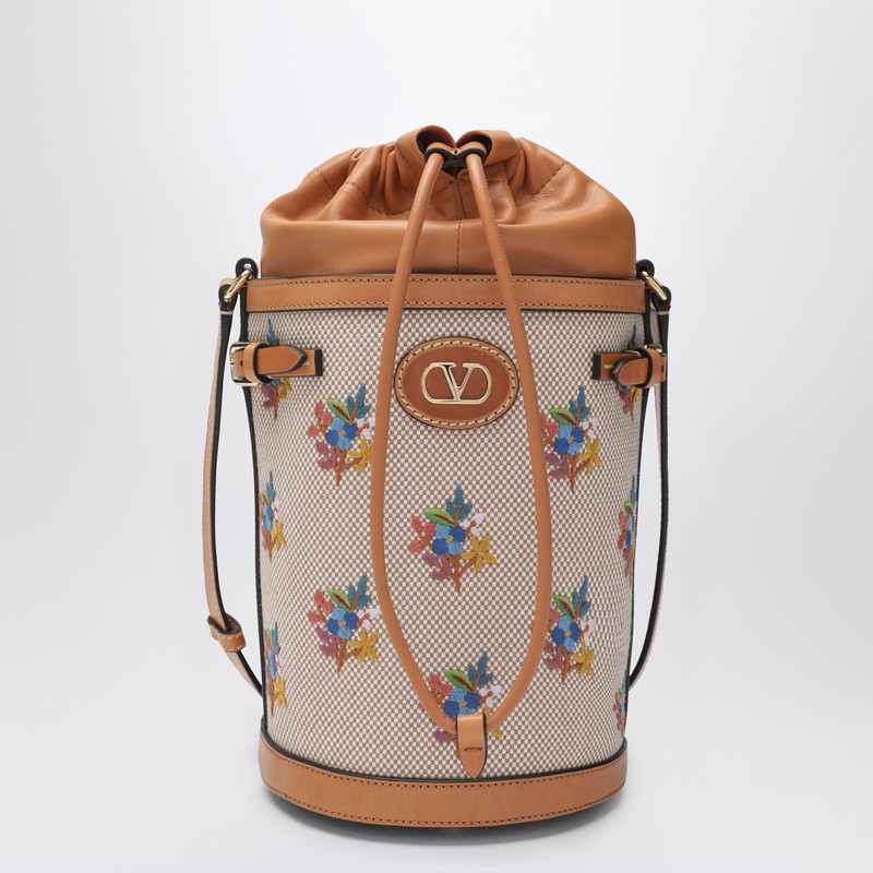 Canvas bucket bag with floral embroidery
