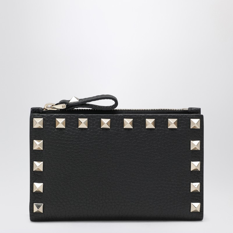 Valentino Rockstud Leather Zip Around Card Holder In Black