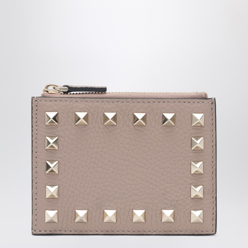 Rockstud blush pink leather zip card holder