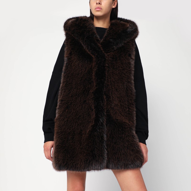 Brown faux fur gilet with hood