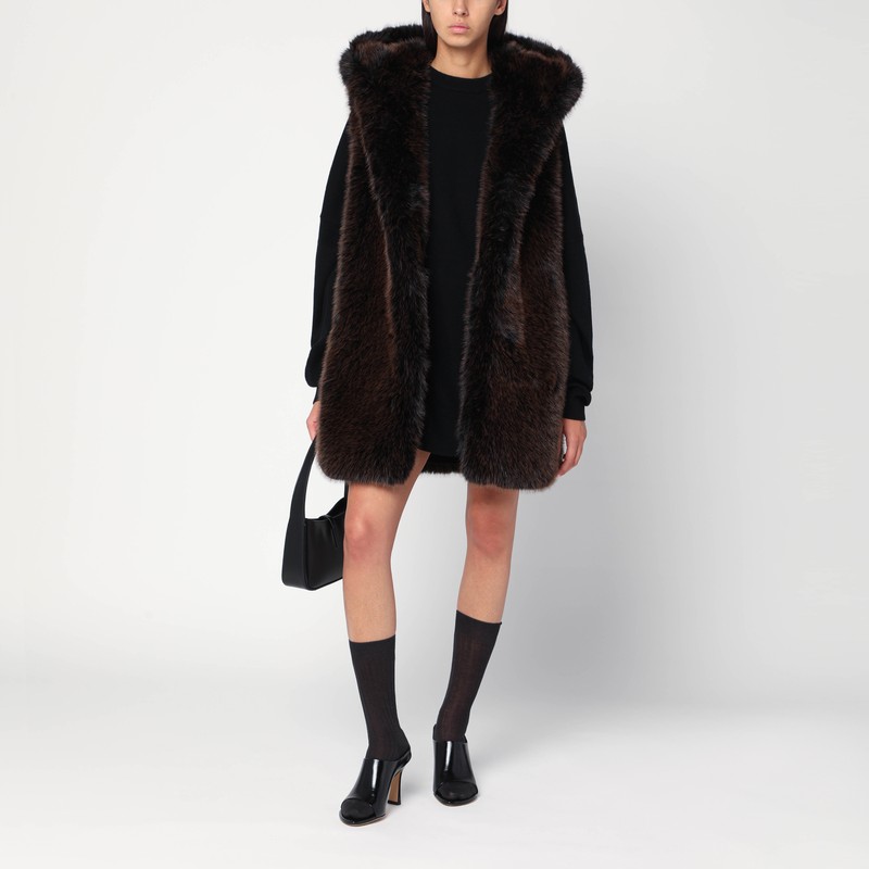 Sword 6.6.44 Brown Faux Fur Gilet With Hood In Brown